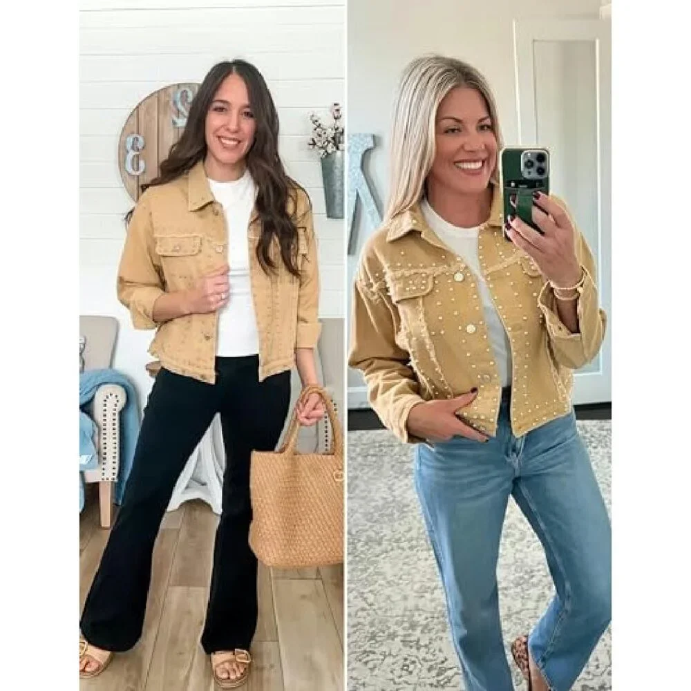 Cropped Denim Jacket with Rivet Studs, Distressed White, Button Cuffs